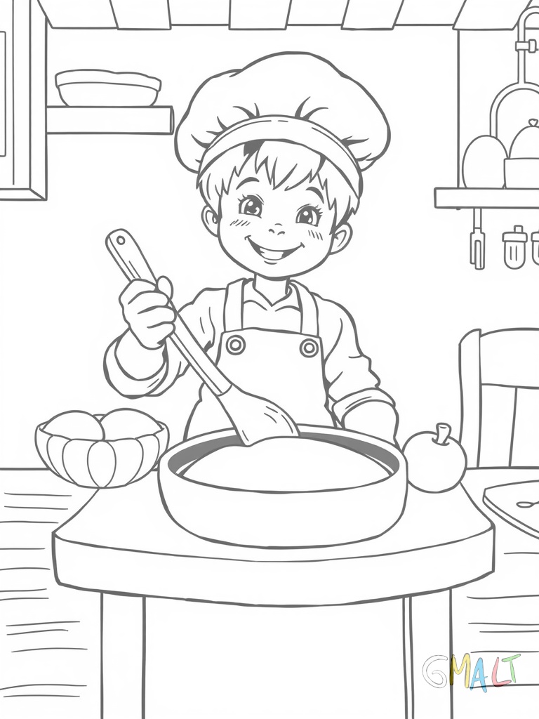 Ein fröhliches Kind mit Kochmütze rührt mit einem Holzlöffel in einer großen Schüssel. Auf dem Küchentisch stehen Mehl Eier und eine Messbecher. Das Kind steht auf einem Hocker um besser an den Tisch zu kommen.