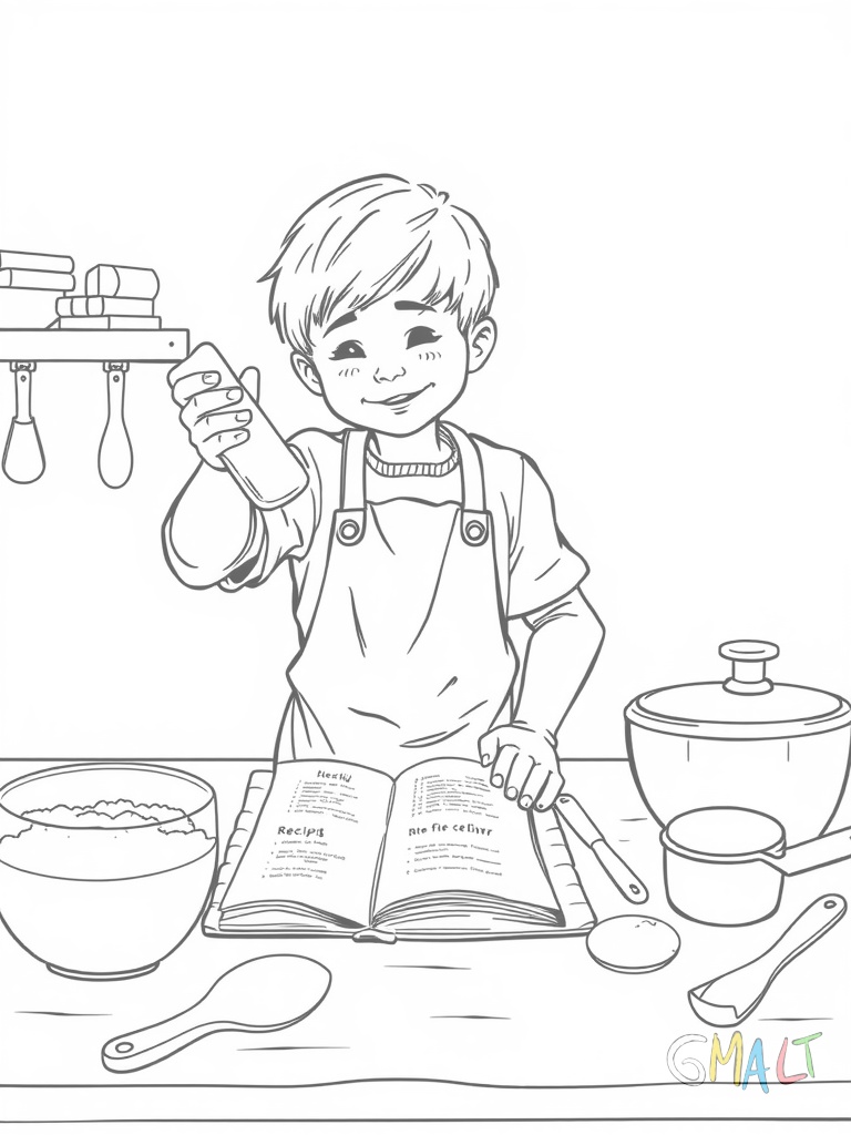 Ein Kind wiegt Mehl auf einer Küchenwaage ab. Daneben steht ein Rezeptbuch auf einem Ständer. Verschiedene Messlöffel und -becher sind auf dem Tisch verteilt.