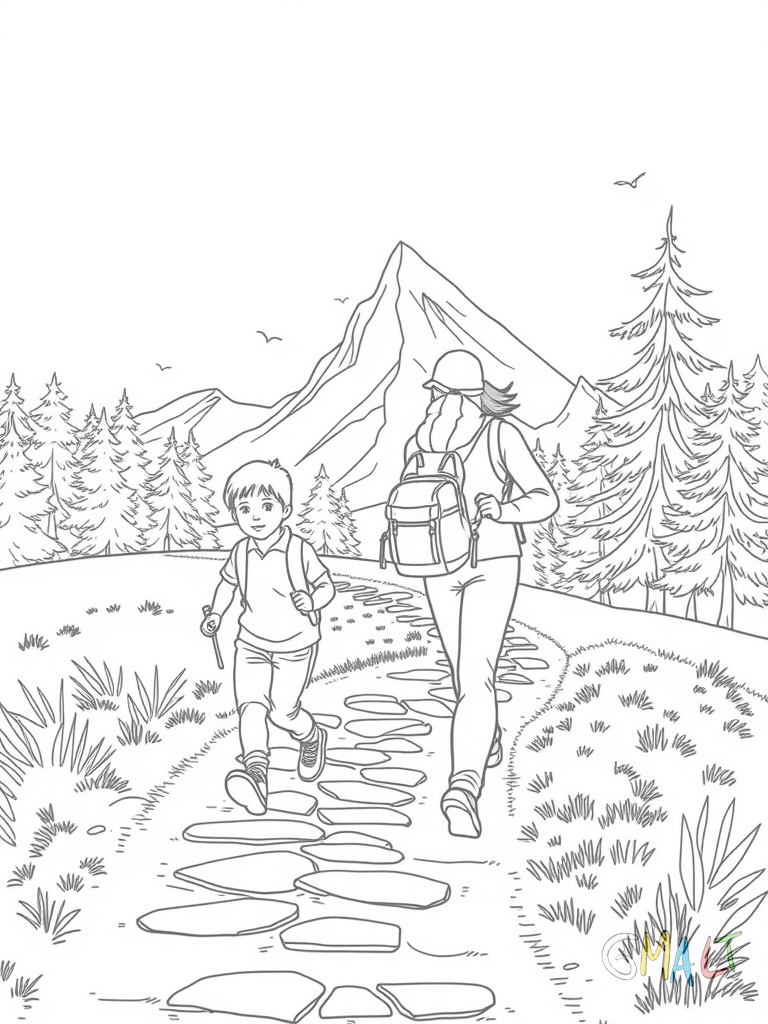 Eine Familie wandert auf einem Bergpfad. Vorne geht ein Kind mit Wanderstab neben dem Vater. Die Mutter folgt mit einem Rucksack. Im Hintergrund sind Berggipfel und Tannen zu sehen.