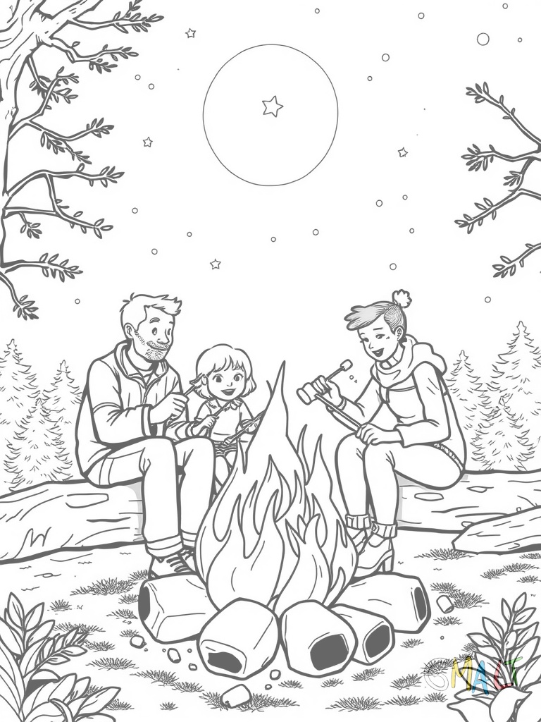 Eine Familie sitzt um ein Lagerfeuer auf Baumstämmen. Sie grillen Marshmallows auf langen Stöcken. Über ihnen ist ein sternenklarer Nachthimmel zu sehen.