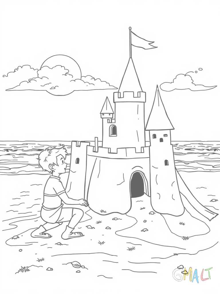 Ein Junge baut eine große Sandburg am Strand. Er kniet im Sand und formt mit Eimer und Schaufel Türme. Die Burg hat eine Burgmauer mit Zinnen und einen Wassergraben.