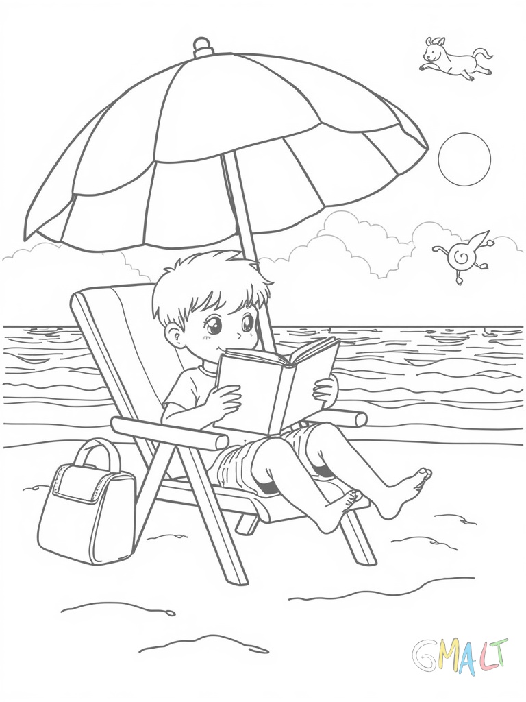 Ein Kind sitzt im Strandstuhl unter einem Sonnenschirm. Es liest ein Buch während seine Füße im Sand spielen. Neben dem Stuhl steht eine kleine Kühltasche. Im Hintergrund sind Wellen und eine Möwe am Himmel zu sehen.