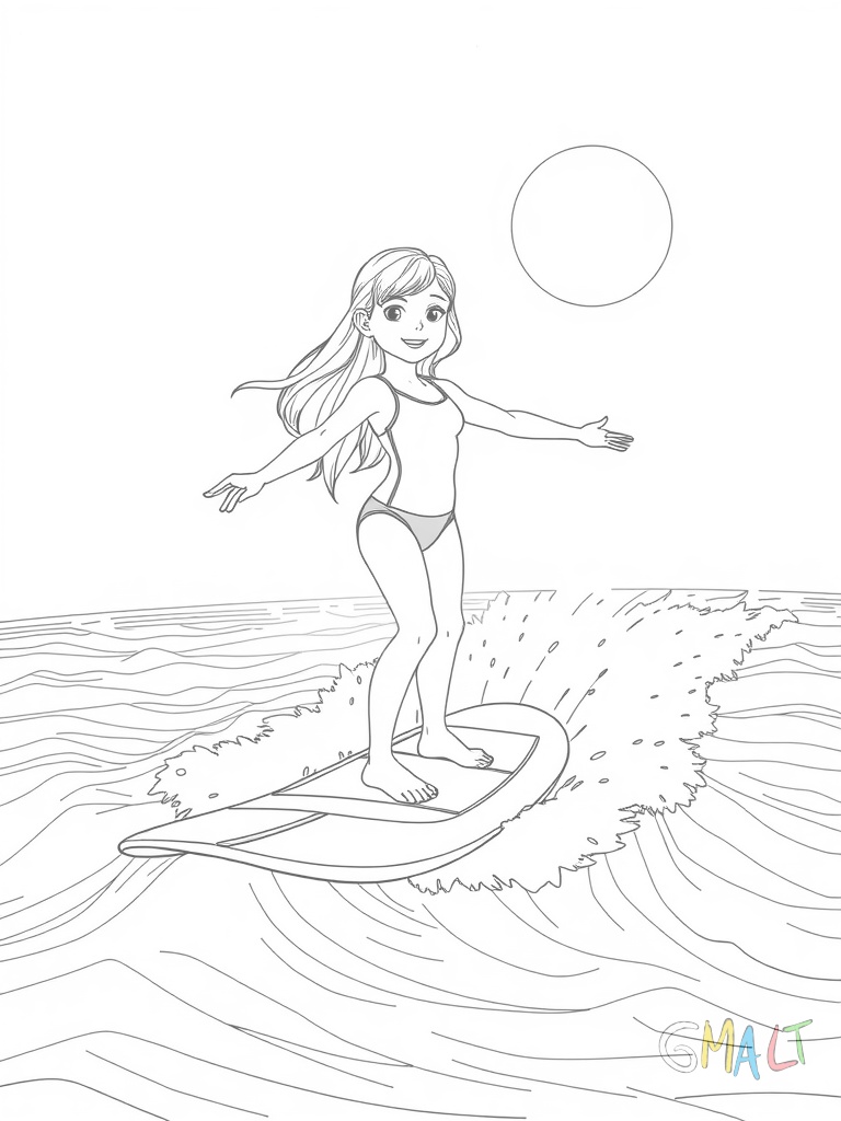 Ein junges Mädchen steht auf einem Surfbrett und paddelt mit ausgestreckten Armen. Sie trägt einen Badeanzug und hat lange Haare. Das Brett gleitet über sanfte Wellen. Die Sonne steht am wolkenlosen Himmel.