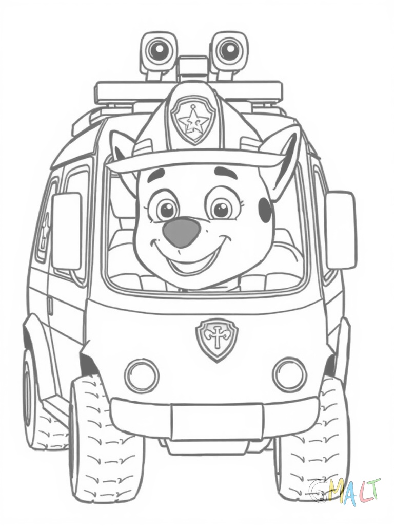 Marshall steht lächelnd in seinem roten Feuerwehrauto. Die ausfahrbare Leiter ist nach oben ausgerichtet. Auf dem Dach sind Wasserkanonen montiert. Das Fahrzeug wird leicht schräg von vorne gezeigt.
