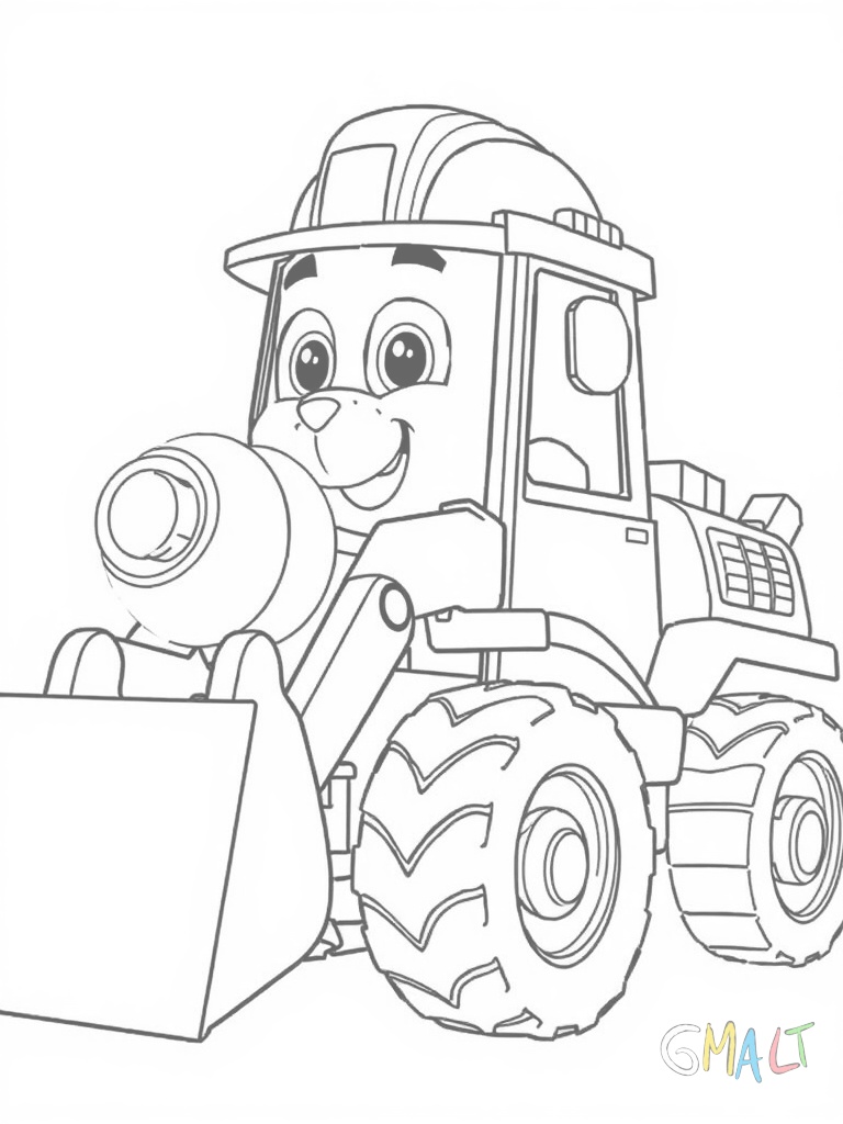 Rubble steuert seinen gelben Bulldozer mit der großen Schaufel vorne. Er trägt seinen Bauarbeiterhelm. Die Raupenketten sind deutlich zu erkennen. Das Fahrzeug wird von der Seite dargestellt.