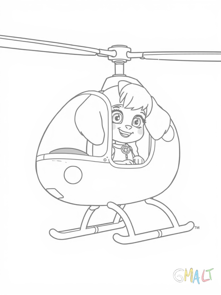 Skye sitzt in ihrem pinken Helikopter mit ausgebreiteten Rotorblättern. Der Hubschrauber schwebt in der Luft. Die Rettungswindenwinde ist unter dem Helikopter zu sehen. Die Perspektive zeigt den Helikopter von der Seite.