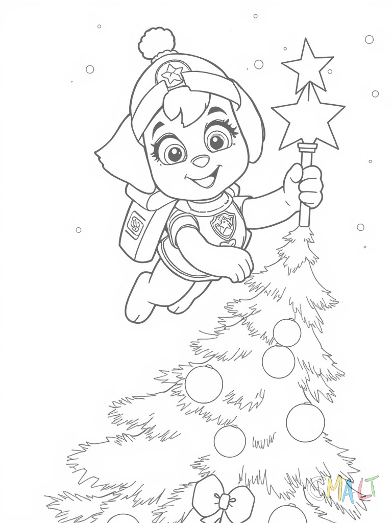 Skye fliegt mit ihrem Jetpack über einen geschmückten Weihnachtsbaum. Sie trägt eine kleine Weihnachtsmütze und hält eine leuchtende Christbaumspitze in ihrer Pfote die sie gerade auf die Spitze setzen will.