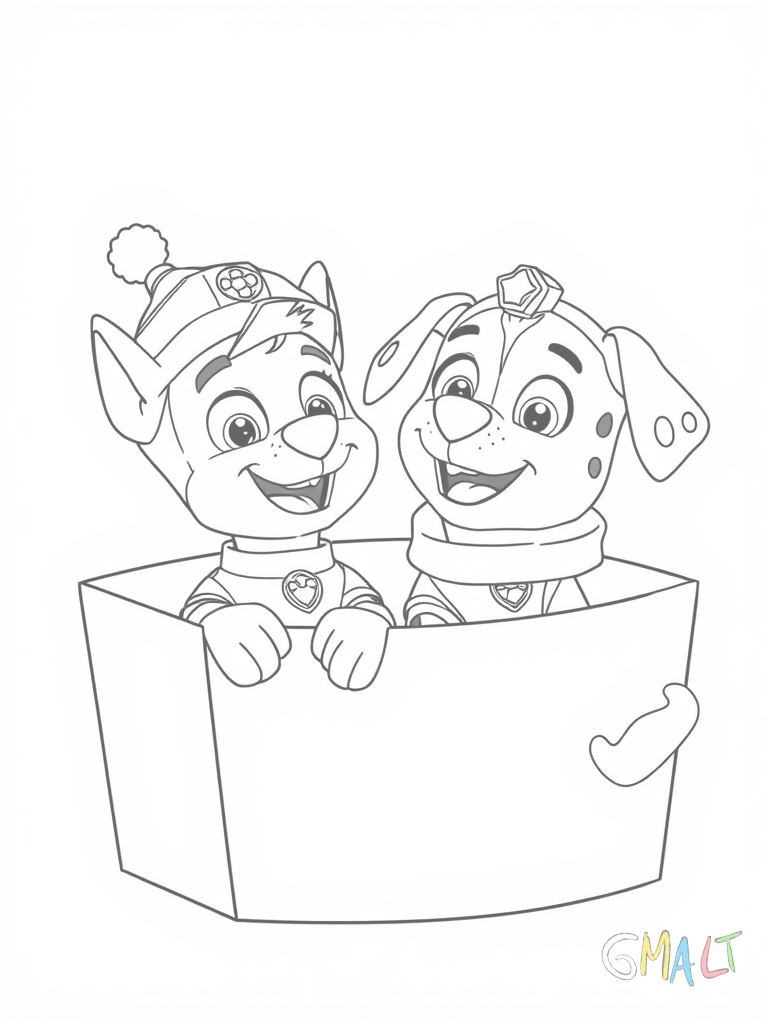 Chase und Marshall sitzen gemeinsam in einem großen roten Geschenkkarton. Chase trägt eine Weihnachtsmütze und Marshall hat eine rote Schleife um den Hals. Beide schauen fröhlich nach oben und ihre Schwänze schauen über den Rand.