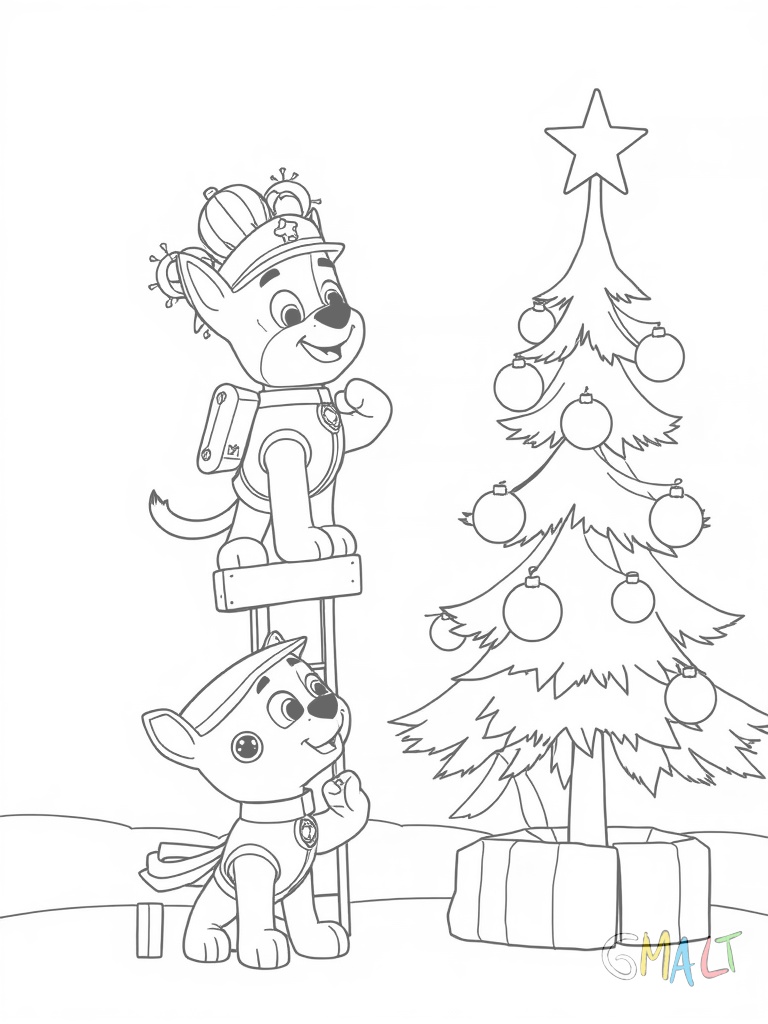 Marshall steht auf einer Leiter und schmückt einen Weihnachtsbaum. Er balanciert mehrere Christbaumkugeln auf seiner Nase während Chase unten die Leiter festhält.