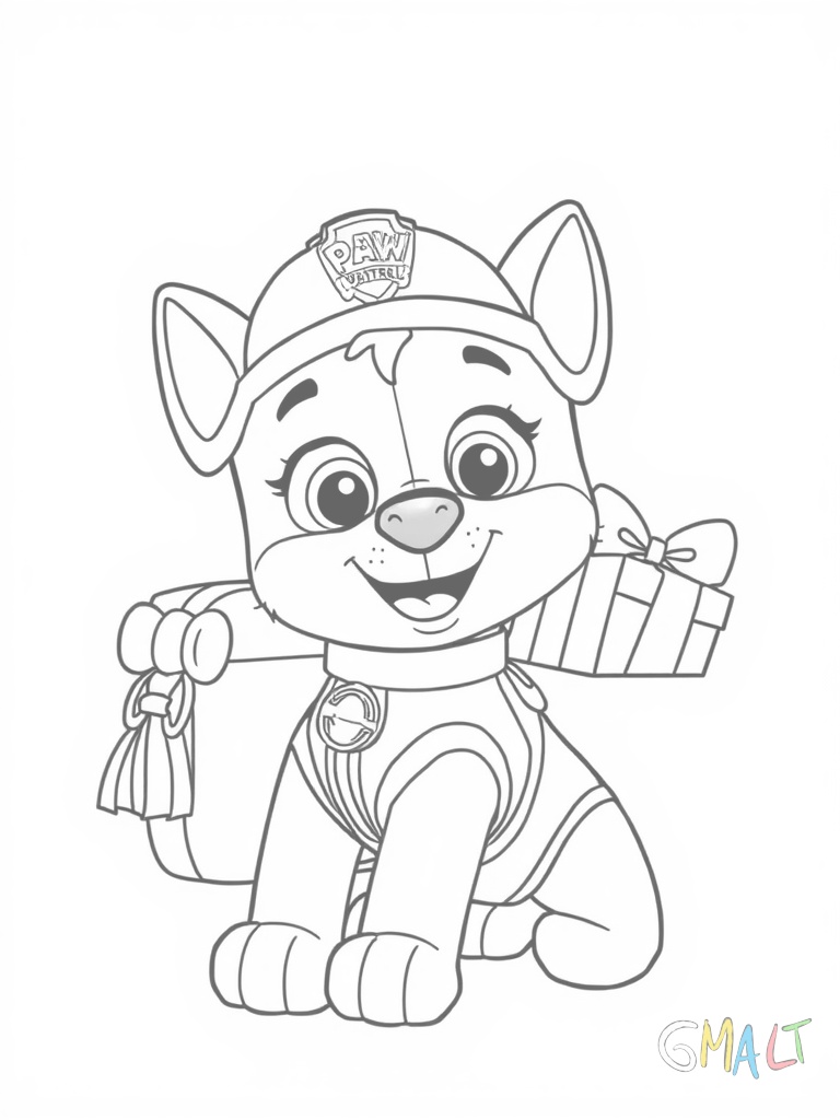 Rubble sitzt in seinem Bagger der mit Lichterketten geschmückt ist. Er trägt einen Rentiergeweih-Haarreif und transportiert in seiner Baggerschaufel einen Stapel Weihnachtsgeschenke.