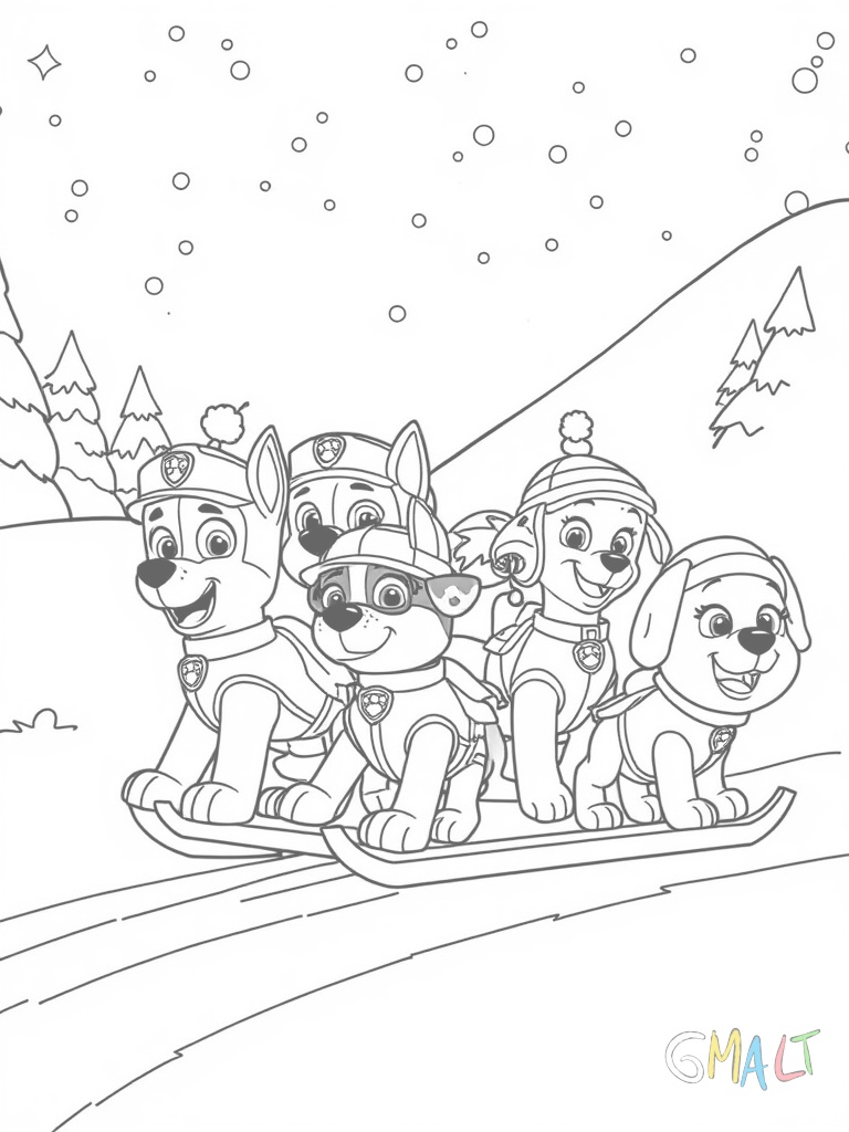 Die Paw Patrol fährt in einer Reihe Schlitten einen verschneiten Hügel hinunter. Vorne sitzt Chase dann Marshall Skye Rocky Zuma und zum Schluss Rubble. Alle tragen Wintermützen und jubeln.