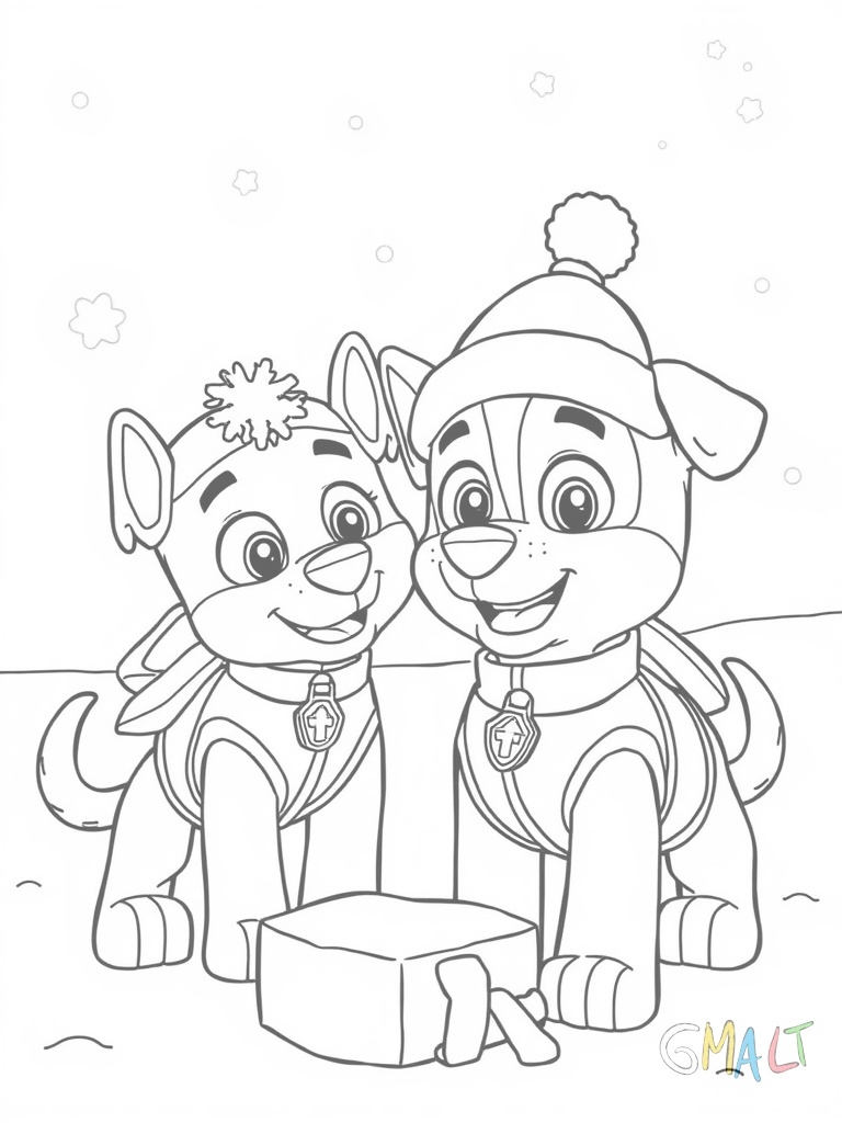 Zuma und Rocky bauen gemeinsam einen Schneehund. Zuma hält eine Karotte für die Nase und Rocky setzt dem Schneehund gerade eine Weihnachtsmütze auf.