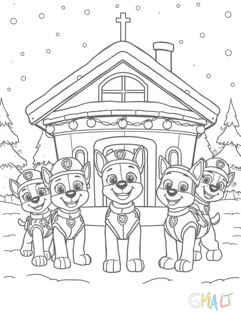 Die gesamte Paw Patrol steht im Halbkreis vor der Lookout-Station. Alle tragen Weihnachtsmützen. Die Station ist mit Lichterketten geschmückt und auf dem Dach liegt Schnee.
