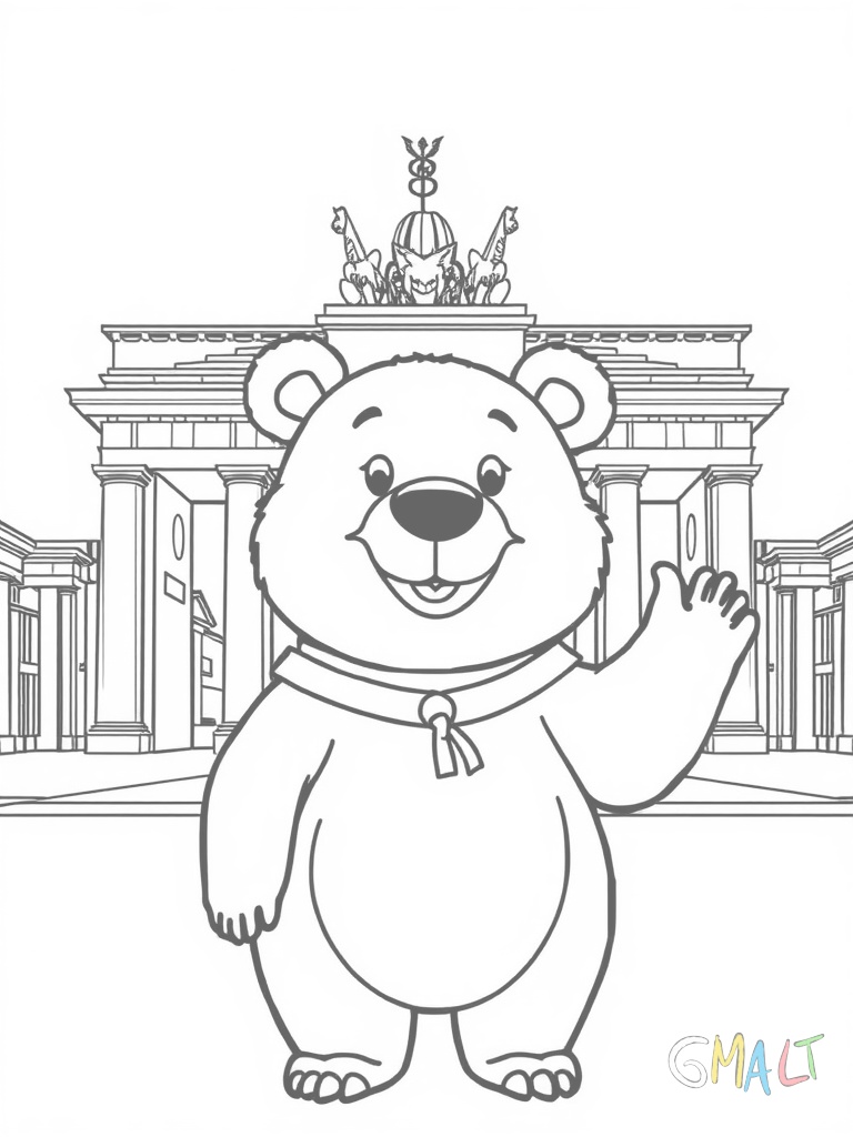 Ein fröhlicher Berliner Bär steht aufrecht vor dem Brandenburger Tor. Er trägt eine kleine Schärpe und winkt mit der rechten Pfote. Das Brandenburger Tor ist zentral im Hintergrund zu sehen mit seinen charakteristischen Säulen und der Quadriga auf dem Dach.