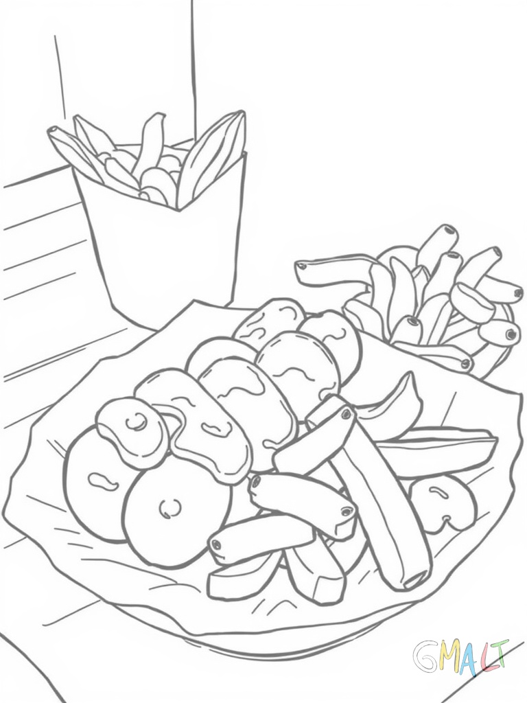 Eine traditionelle Berliner Currywurst auf einem Pappteller liegt in der Bildmitte. Daneben steht eine Portion Pommes. Ein kleiner Spatz pickt vorsichtig an einer einzelnen Pommes. Eine Würstchenbude ist im Hintergrund angedeutet.