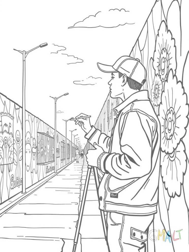 Die East Side Gallery zeigt eine lange Mauer von links nach rechts. Ein junger Künstler mit Baseballmütze und Pinsel malt einen großen bunten Regenbogen auf die Mauer. Neben ihm steht ein Farbeimer.