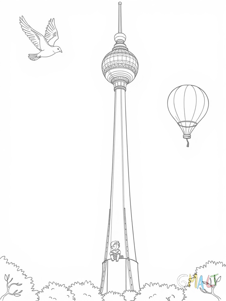 Der Fernsehturm ragt von der Bildmitte nach oben. Zwei Vögel fliegen spielerisch um die charakteristische Kugel herum. Am Fuß des Turms sitzt ein kleiner Junge und lässt einen runden Luftballon aufsteigen.