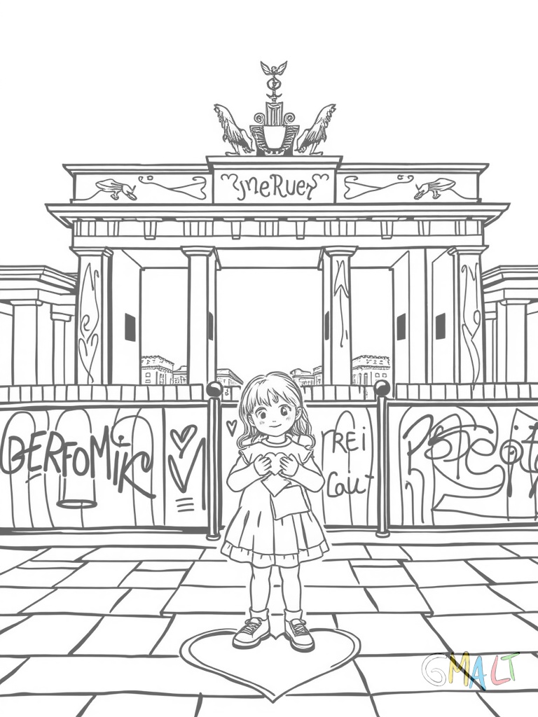 Die Berliner Mauer erstreckt sich von links nach rechts durch das Bild. Auf der Mauer sind einfache Graffiti-Herzen zu sehen. Davor steht ein kleines Mädchen mit zwei Zöpfen das mit Straßenkreide ein Herz auf den Boden malt.