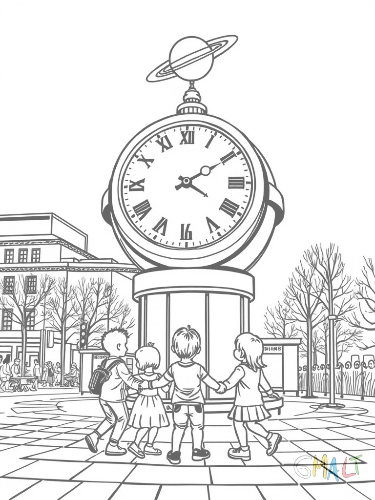 Die Weltzeituhr am Alexanderplatz steht in der Bildmitte. Um die Uhr herum tanzen drei Kinder im Kreis und halten sich an den Händen. Die Uhr zeigt ihre typische zylindrische Form mit dem Planetensystem oben.