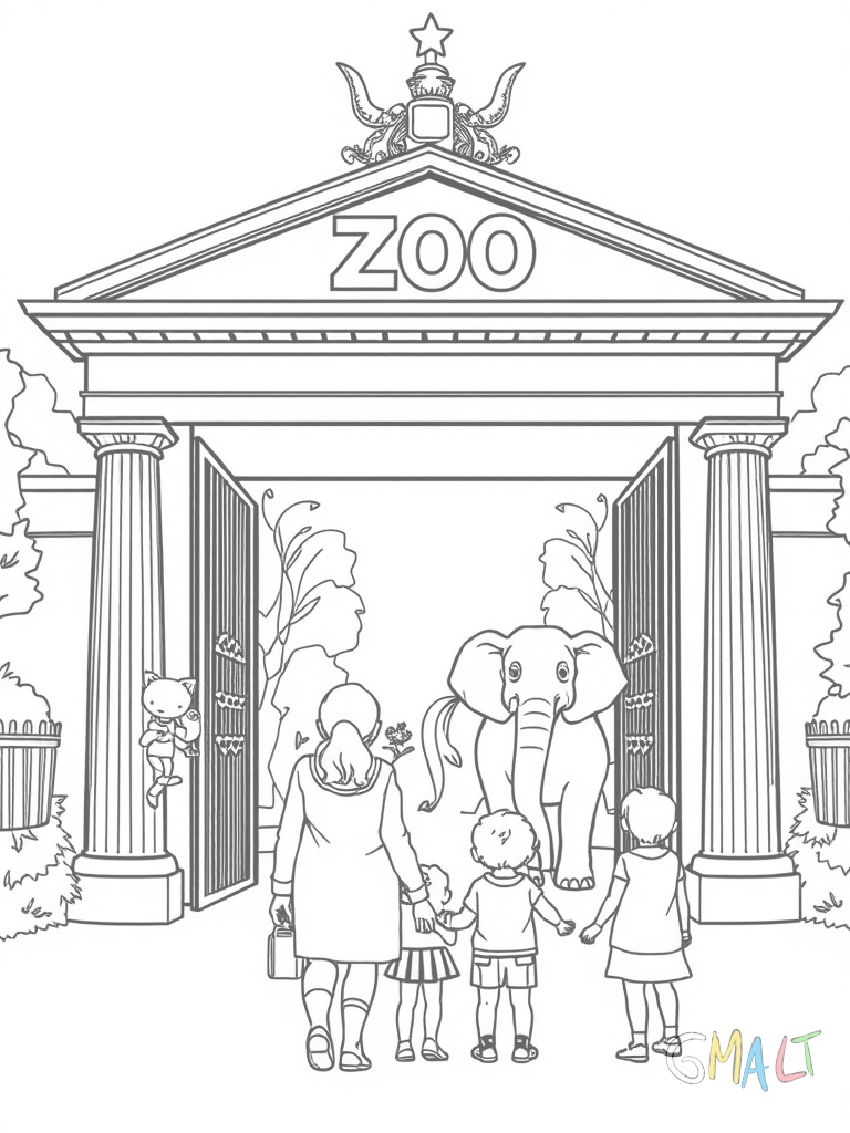 Der Berliner Zoo zeigt ein großes Eingangstor mit zwei Elefantenfiguren. Eine Familie - Mutter Vater und zwei Kinder - steht davor und zeigt aufgeregt auf die Tiere. Über dem Tor ist der Schriftzug 'ZOO' zu sehen.