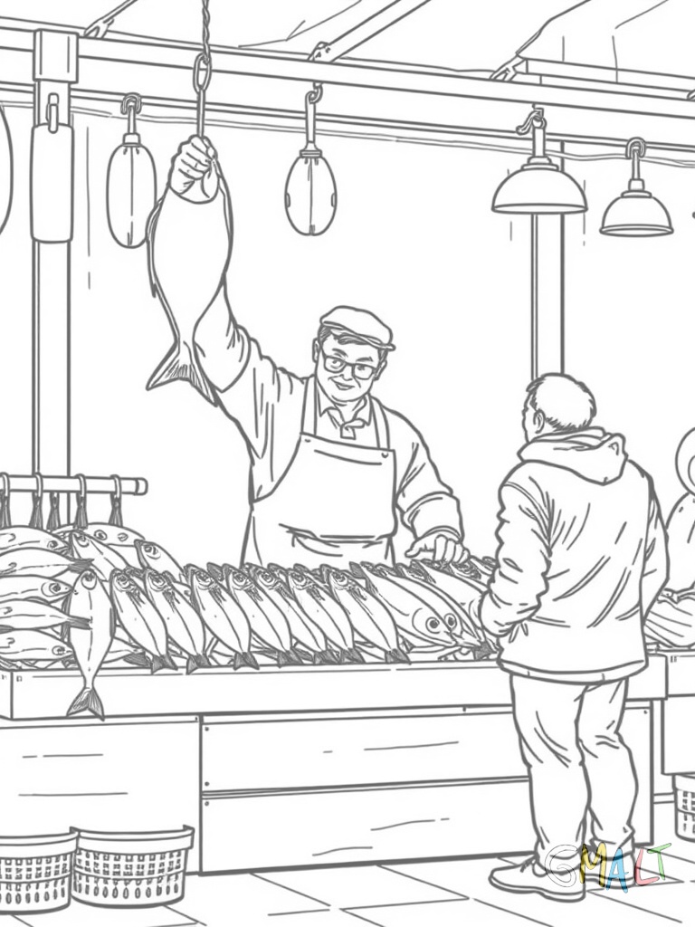 Ein großer Hamburger Fischmarkt-Stand mit aufgestapelten Fischkisten. Der Verkäufer hält einen Fisch hoch und ruft. Zwei Kunden stehen davor.