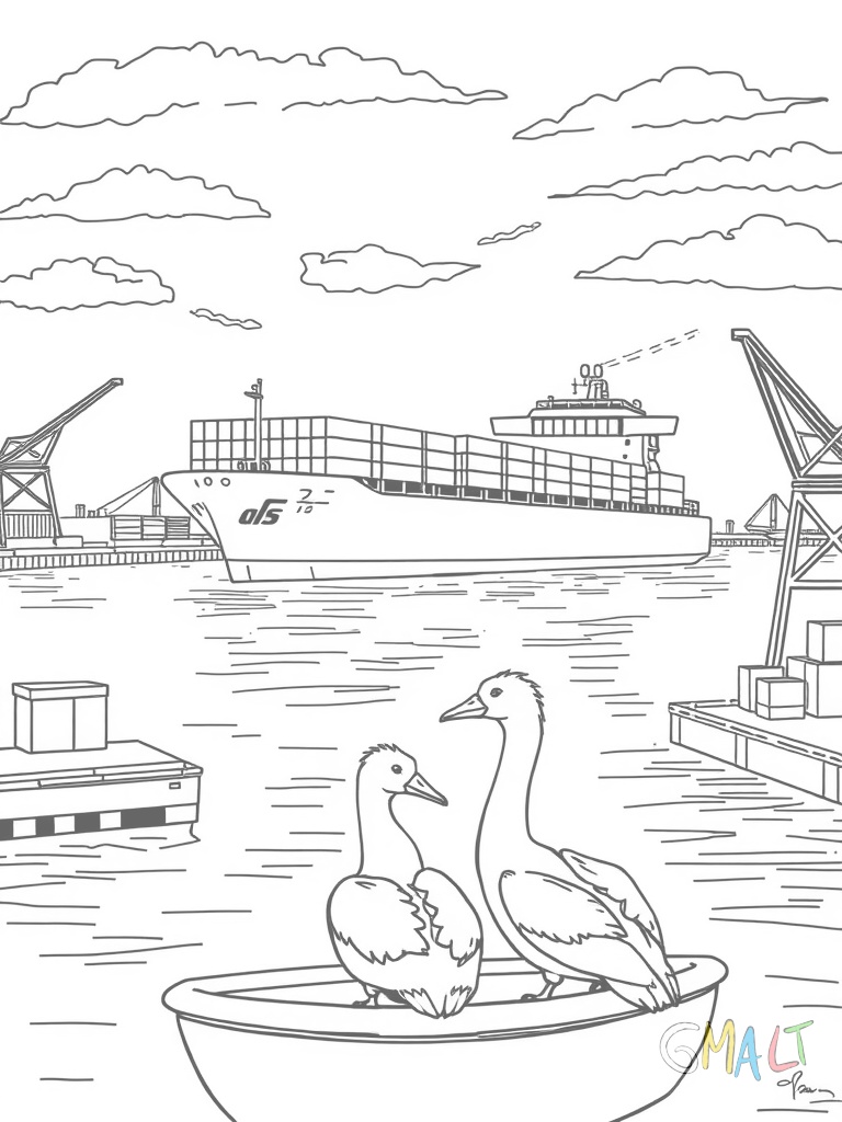 Eine Hafenszene mit drei Containerkränen am Horizont. Im Vordergrund liegt ein großes Containerschiff. Zwei Möwen sitzen auf einer Boje.