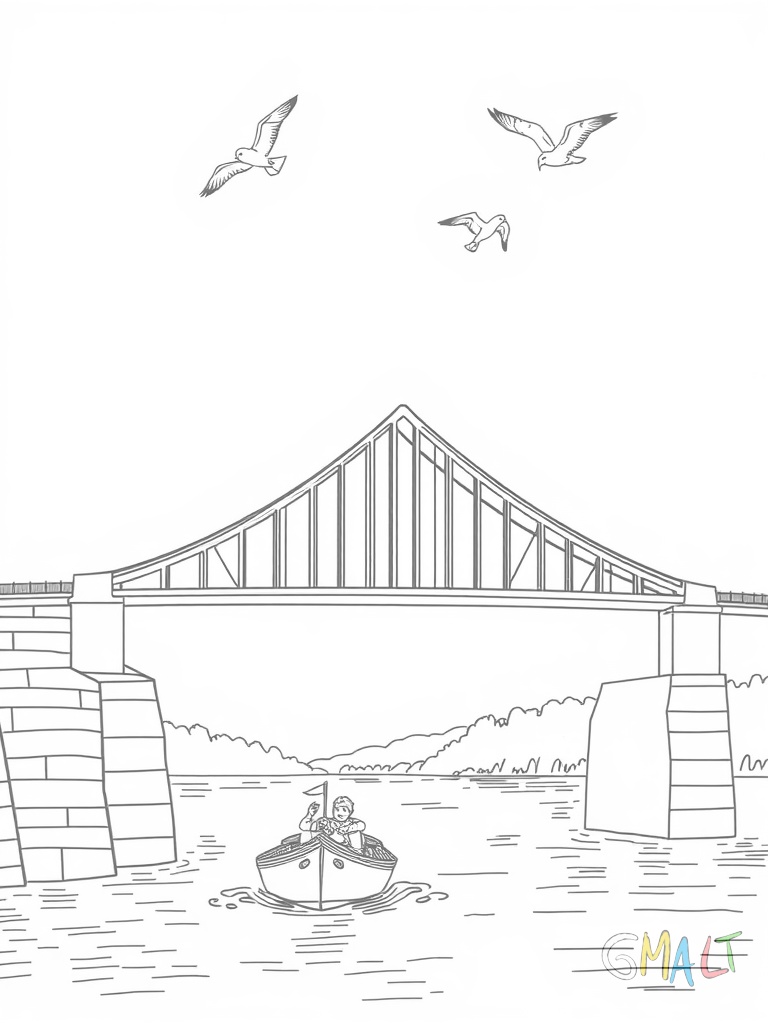 Die Köhlbrandbrücke spannt sich über die Elbe. Ein Schlepper zieht ein kleines Boot unter der Brücke hindurch. Am Himmel fliegen drei Möwen.