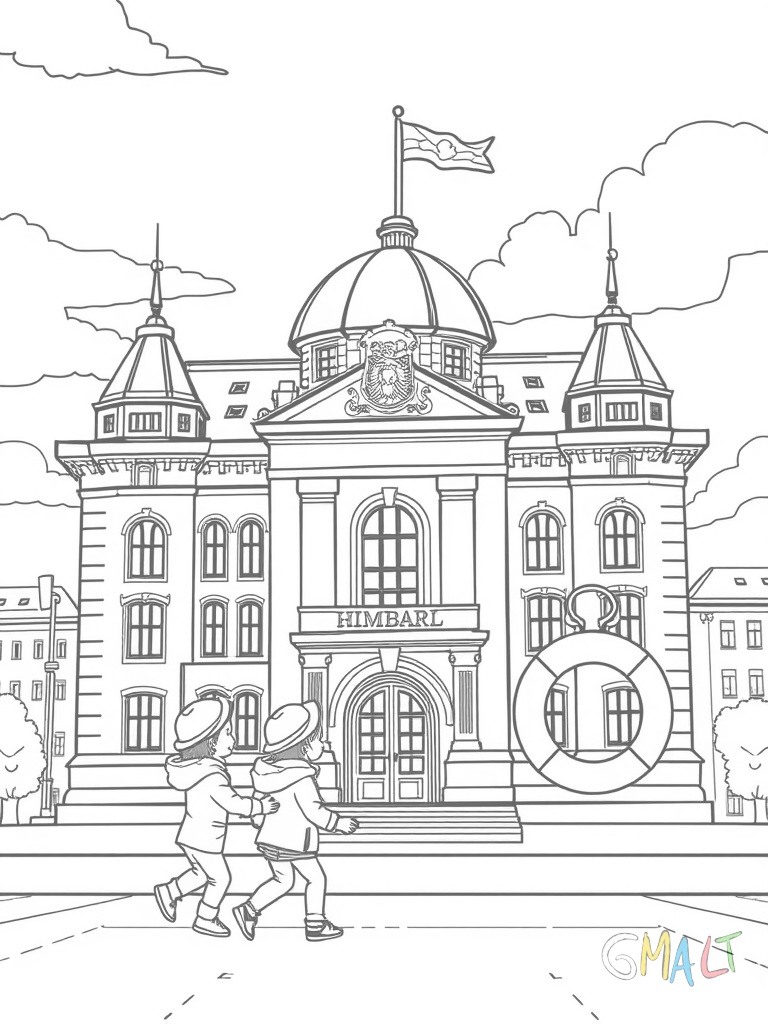 Ein großer Hamburger Michel steht zentral im Bild. Davor spazieren zwei kleine Kinder mit Matrosenmützen. Links sieht man einen Anker und rechts einen Rettungsring.