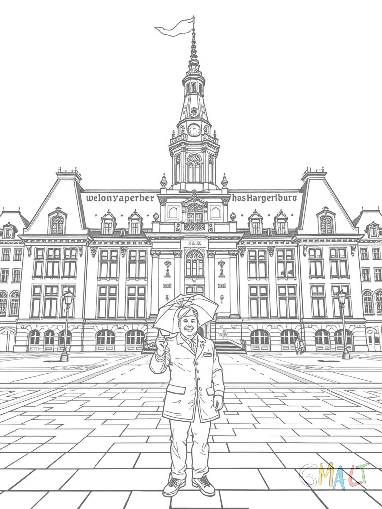 Das Hamburger Rathaus mit seinen markanten Türmen füllt den oberen Bildbereich. Auf dem Platz davor steht ein fröhlicher Stadtführer mit Regenschirm und zeigt nach oben.