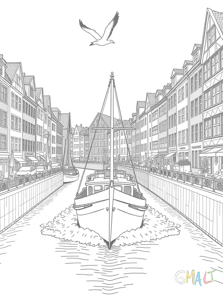 Ein traditionelles Hafenboot schippert durch den Kanal der Speicherstadt. Die charakteristischen Backsteinhäuser säumen beide Seiten des Wassers. Eine Möwe fliegt oben.