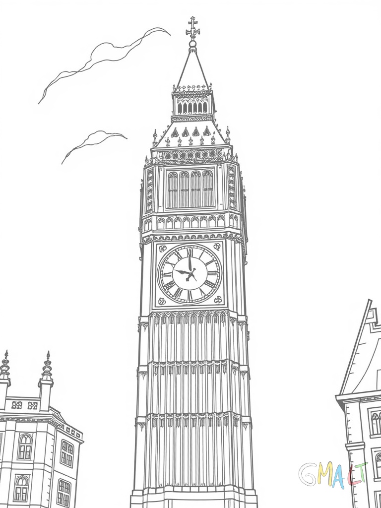 Big Ben erhebt sich in der Bildmitte. Der Uhrenturm zeigt alle Details der gotischen Architektur. Die große Uhr zeigt 12 Uhr. Kleine Wolken schweben am oberen Bildrand.