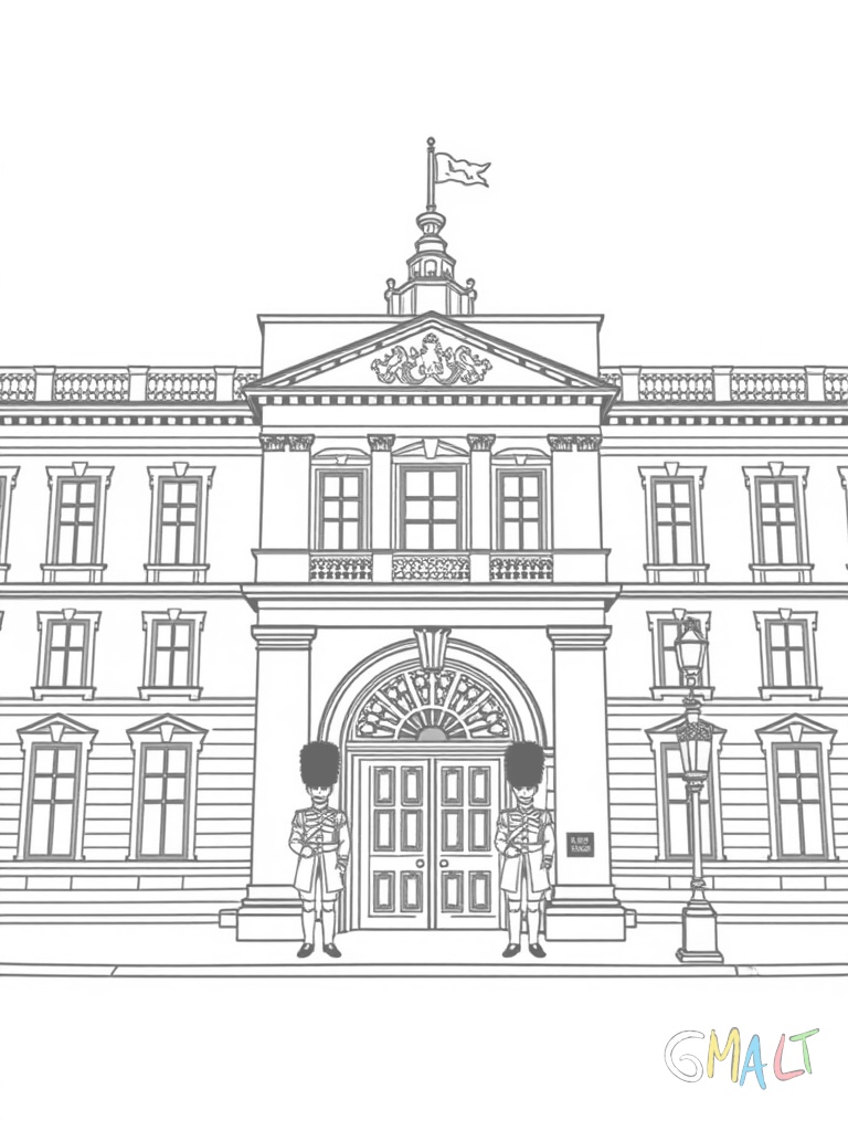 Der Buckingham Palast nimmt die gesamte Bildbreite ein. Das prächtige Gebäude zeigt seine symmetrische Fassade mit vielen Fenstern. Zwei Wachsoldaten stehen am Eingangstor.