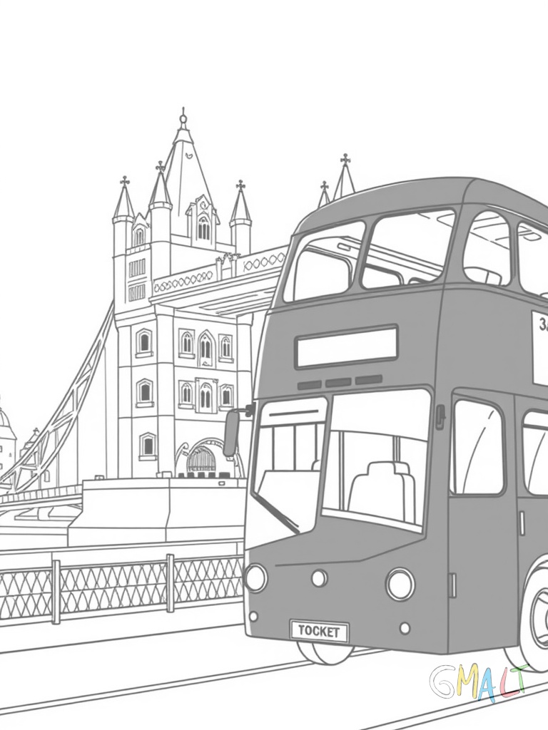 Ein traditioneller roter Doppeldeckerbus fährt von links nach rechts. Der Bus nimmt die untere Bildhälfte ein. Im Hintergrund ist die Tower Bridge zu sehen.