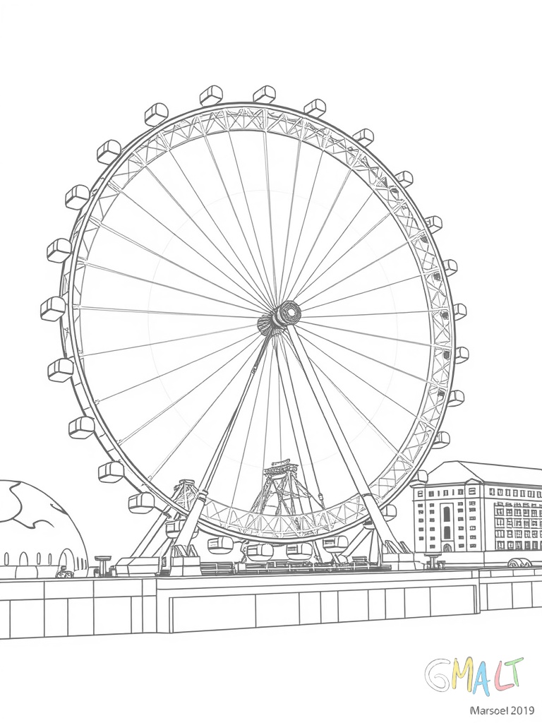 Das London Eye Riesenrad steht am Themseufer. Die große Konstruktion nimmt die gesamte Bildhöhe ein. In den Gondeln sitzen kleine fröhliche Besucher.