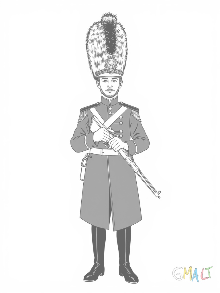 Ein königlicher Wachsoldat mit hoher schwarzer Bärenfellmütze steht aufrecht und hält sein Gewehr senkrecht. Er trägt eine rote Uniform mit goldenen Knöpfen und schwarzen Hosen.