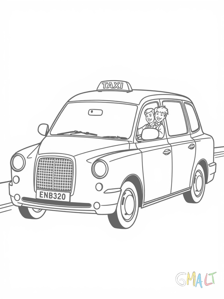 Ein schwarzes Londoner Taxi fährt nach rechts. Das typische Fahrzeug hat seine charakteristische Form mit hohem Dach. Ein freundlicher Taxifahrer winkt aus dem Fenster.