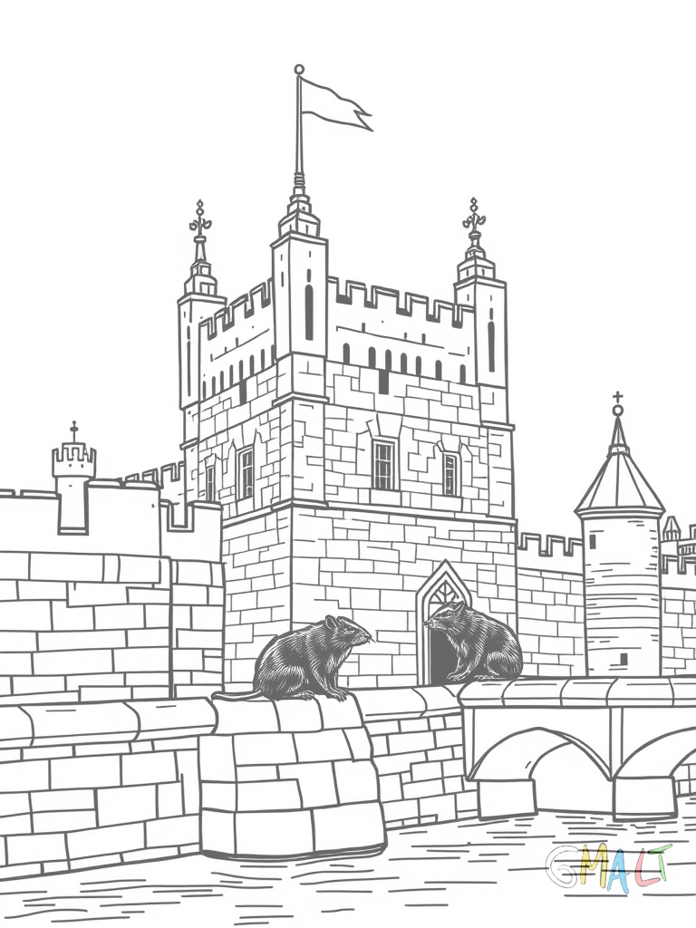 Der Tower of London mit seinen charakteristischen Türmen erstreckt sich über die Bildbreite. Zwei schwarze Raben sitzen auf der Burgmauer. Die Themse fließt im Vordergrund.