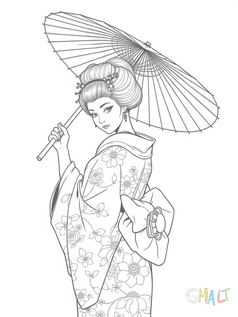 Eine Geisha in traditionellem Kimono hält einen aufgespannten Papierschirm über sich. Ihr Haar ist hochgesteckt und mit Haarschmuck verziert. Der Kimono hat ein florales Muster und eine breite Schärpe.