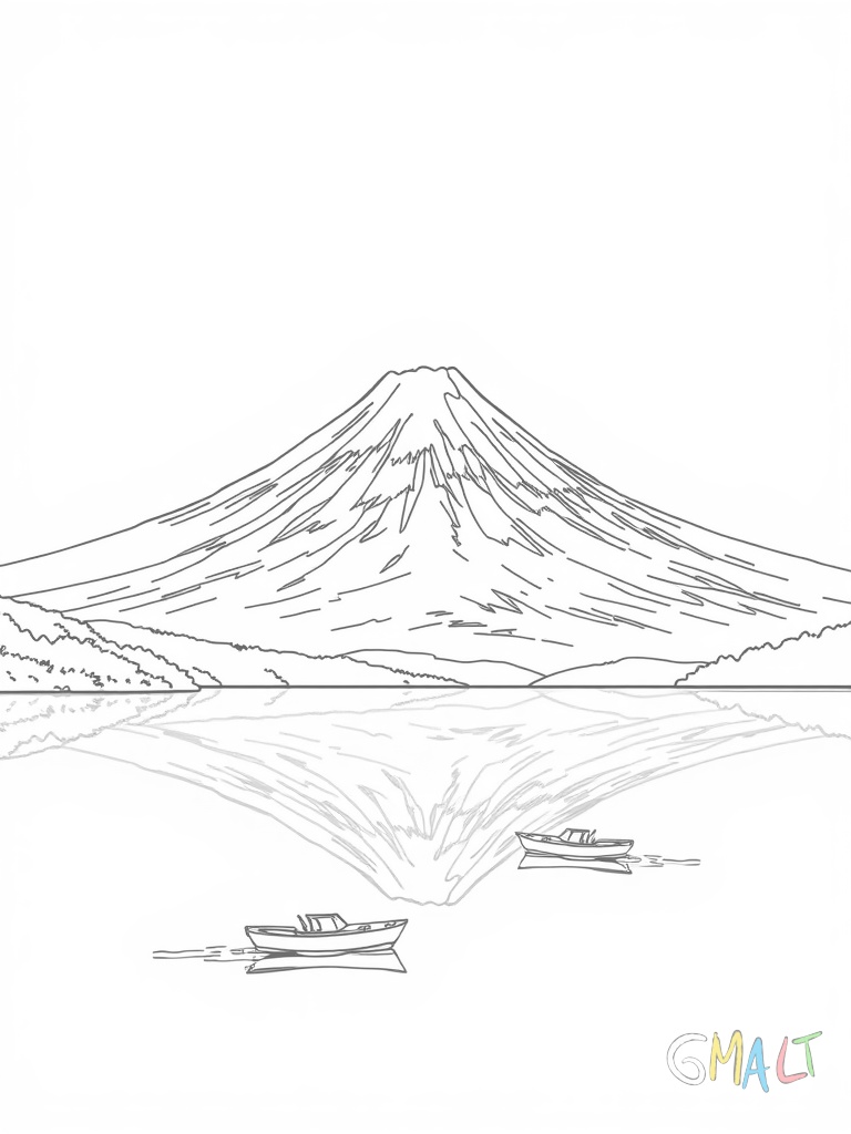 Der majestätische Berg Fuji mit schneebedeckter Spitze ragt in den Himmel. Am Fuß des Berges liegt ein See in dem sich der Berg spiegelt. Zwei kleine Boote schwimmen auf dem Wasser.