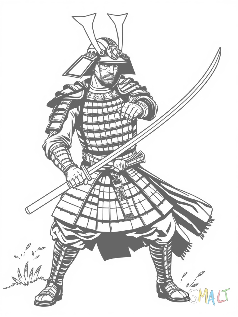 Ein Samurai in voller Rüstung steht mit gezogenem Schwert in Kampfposition. Er trägt einen Helm mit Gesichtsschutz und eine Rüstung mit überlappenden Platten. An seiner Hüfte hängt eine Schwertscheide.