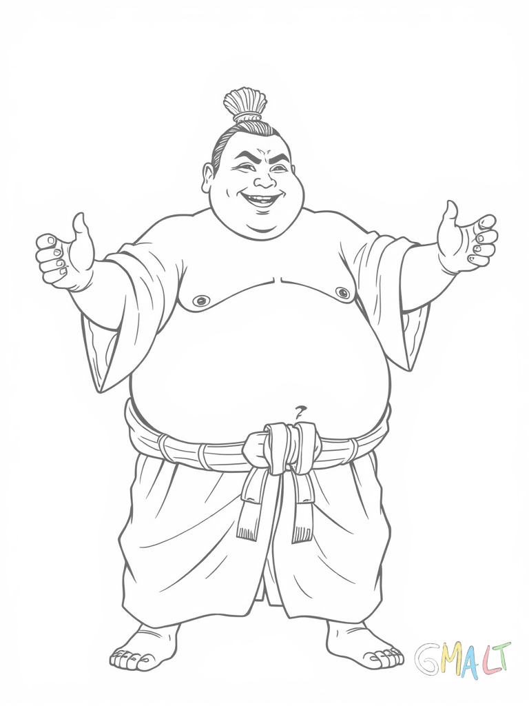 Ein lächelnder Sumo-Ringer in traditioneller Kleidung steht breitbeinig in Kampfposition. Seine Arme sind zum Ringkampf erhoben. Er trägt einen traditionellen Haarknoten und den typischen Mawashi-Gürtel.