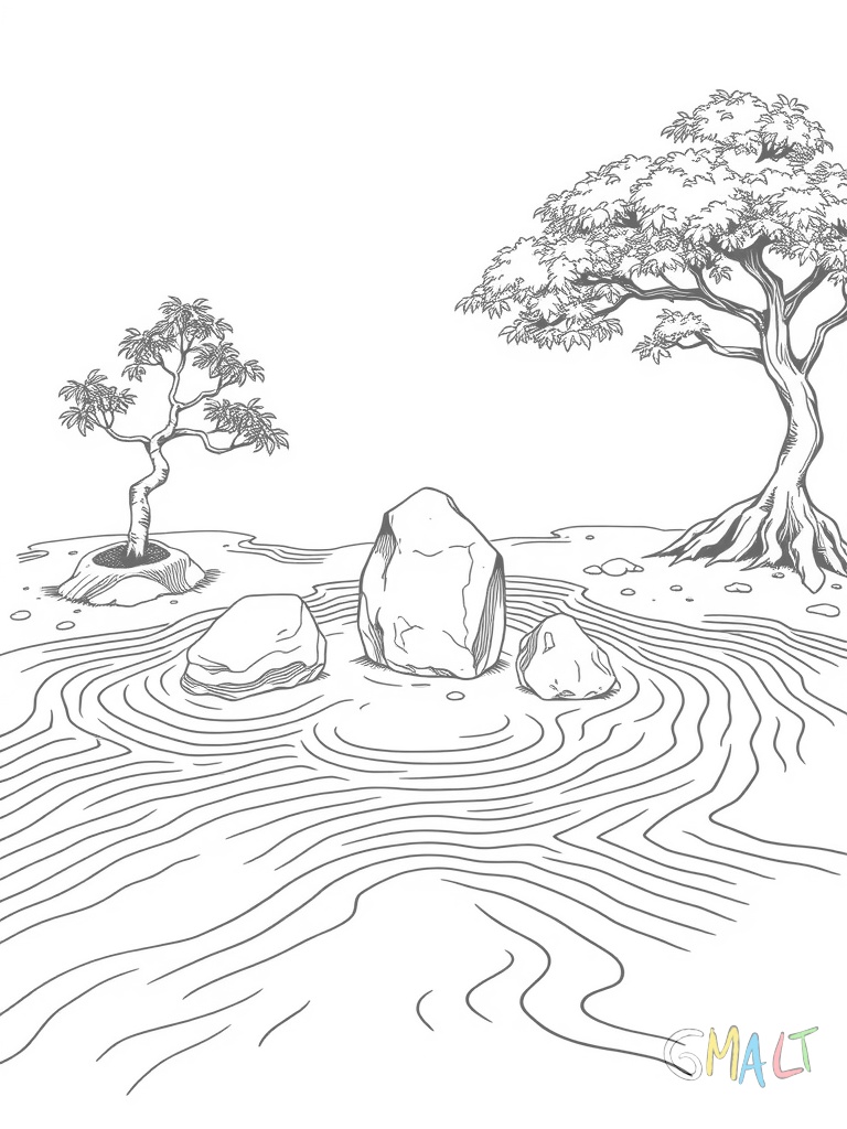 Ein traditioneller japanischer Zen-Garten mit geschwungenen Linien im Sand. In der Mitte stehen drei verschieden große Steine. Am Rand wachsen zwei kleine Bonsai-Bäume in Schalen. Ein Bambuszaun begrenzt den hinteren Bereich.