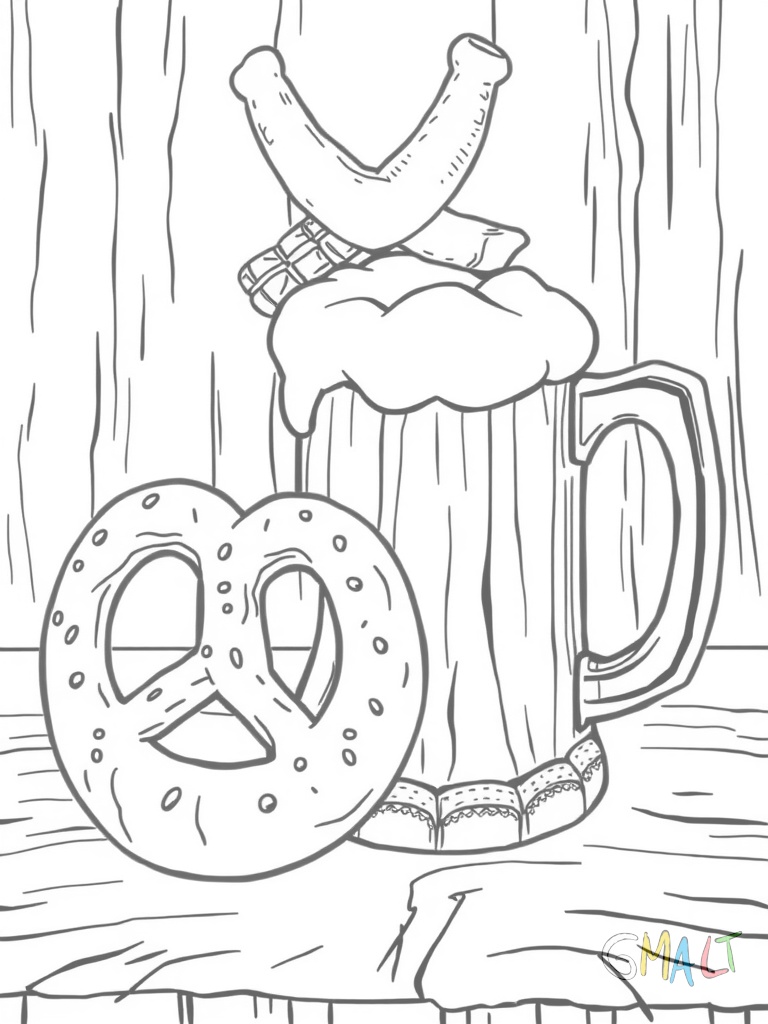 Eine große Brezel liegt auf einem Holzbrett. Daneben steht ein volles Bierkrug mit schaumiger Krone. Im Hintergrund sind zwei gekreuzte Weißwürste zu sehen.