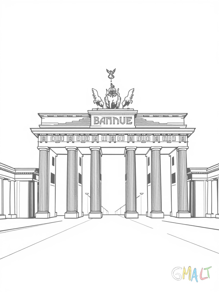 Das Brandenburger Tor von vorne mit seinen sechs markanten Säulen und der Quadriga oben auf dem Dach. Zwei Laternen stehen links und rechts davor.