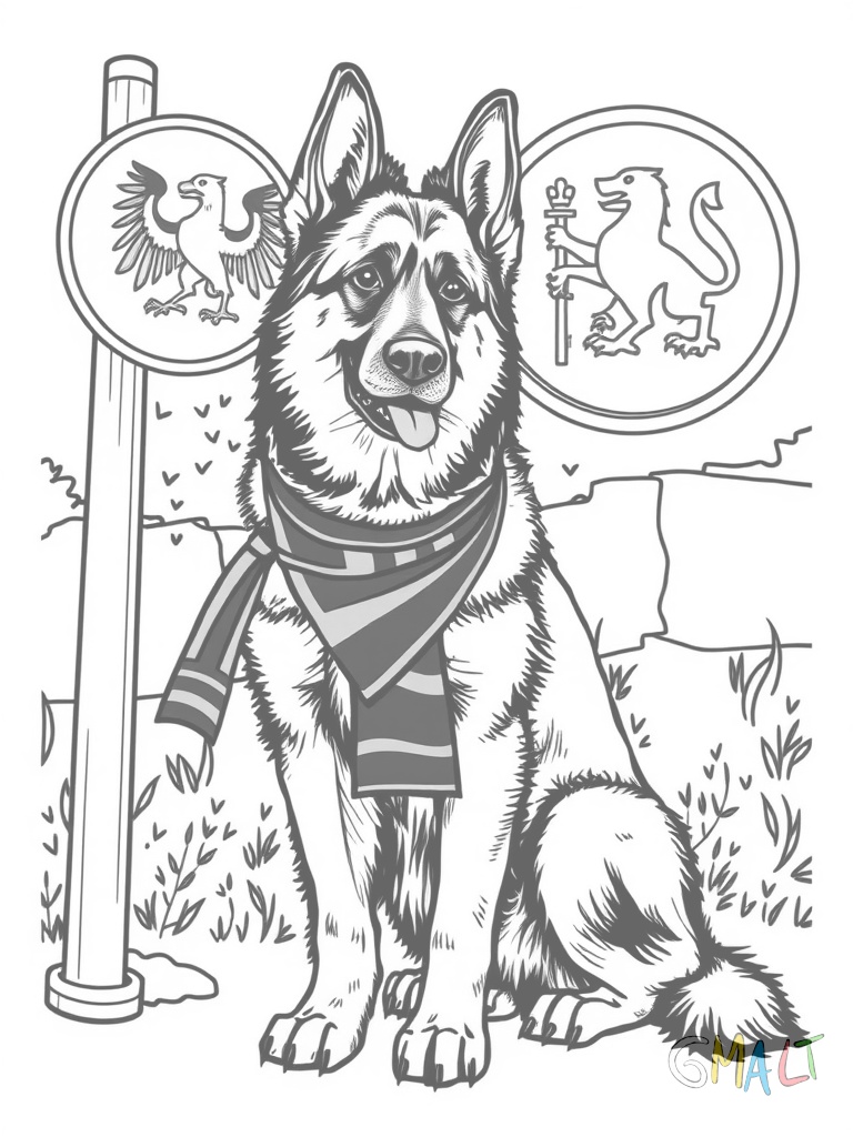 Ein deutscher Schäferhund sitzt aufrecht neben einem Verkehrsschild mit Bundesadler. Er trägt ein Halstuch mit schwarz-rot-goldenen Streifen.