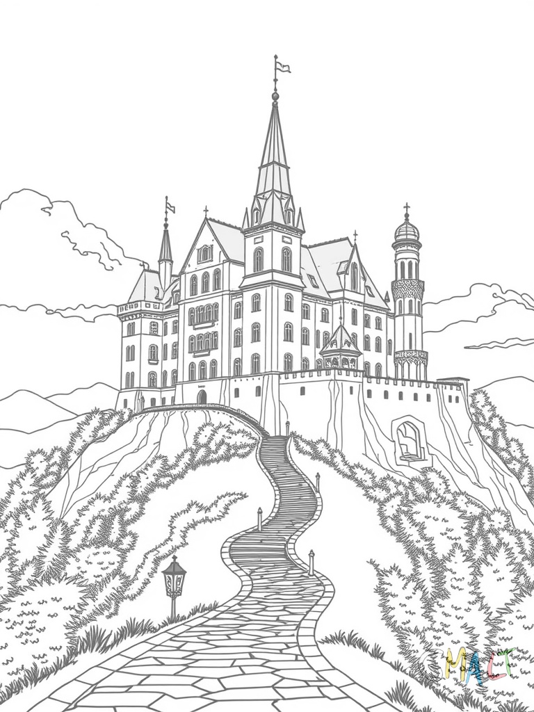 Ein großes Schloss Neuschwanstein auf einem Hügel mit spitzen Türmen und vielen Fenstern. Davor führt ein gewundener Weg nach oben. Zwei kleine Tannen stehen am Wegrand.