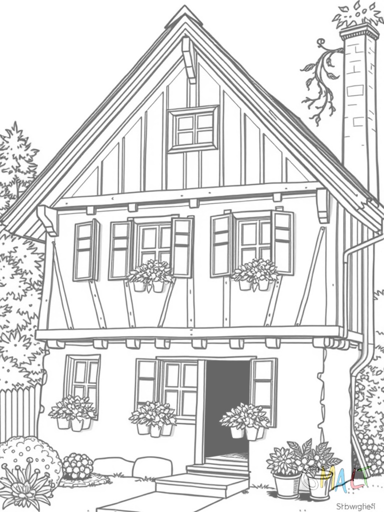 Ein typisches Schwarzwaldhaus mit großem überhängendem Dach und Holzbalken an der Fassade. Drei Blumenkästen mit Geranien schmücken die Fenster.
