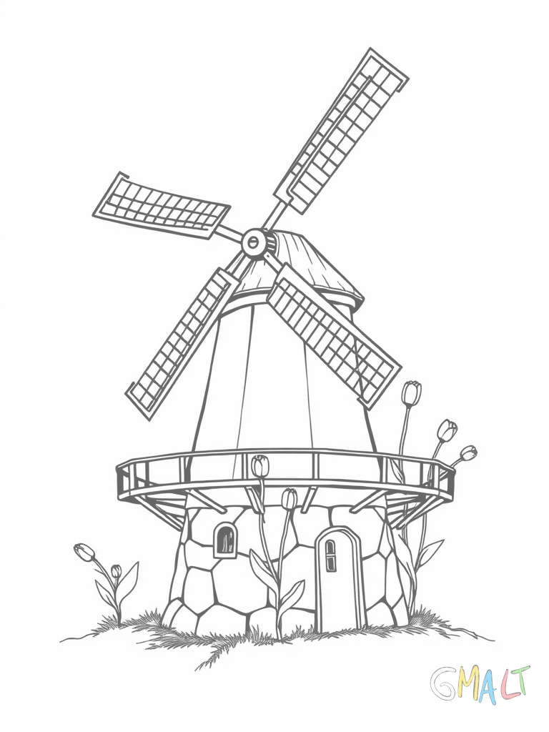 Eine traditionelle Windmühle mit vier großen Flügeln steht auf einer kleinen Anhöhe. Davor wachsen drei Tulpen und ein kleiner Zaun umgibt die Mühle.