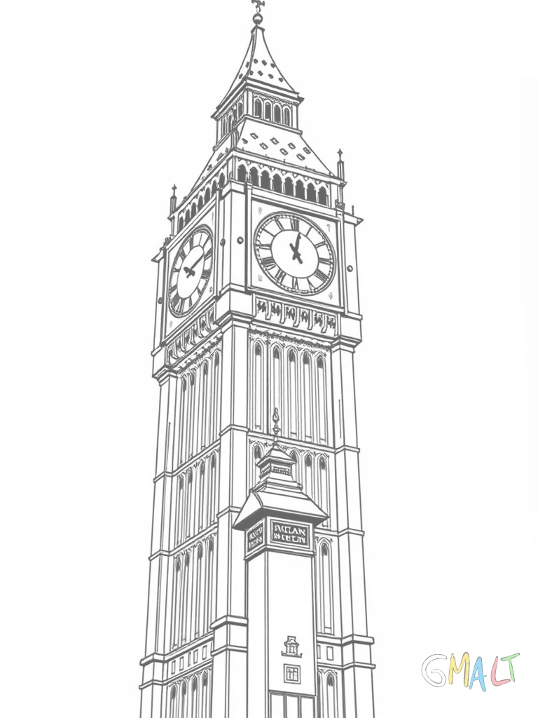 Big Ben zeigt auf 12 Uhr. Der berühmte Uhrenturm ragt in die Höhe mit seinen markanten Zifferblättern auf allen vier Seiten. Am Fuß des Turms steht eine typisch rote englische Telefonzelle.