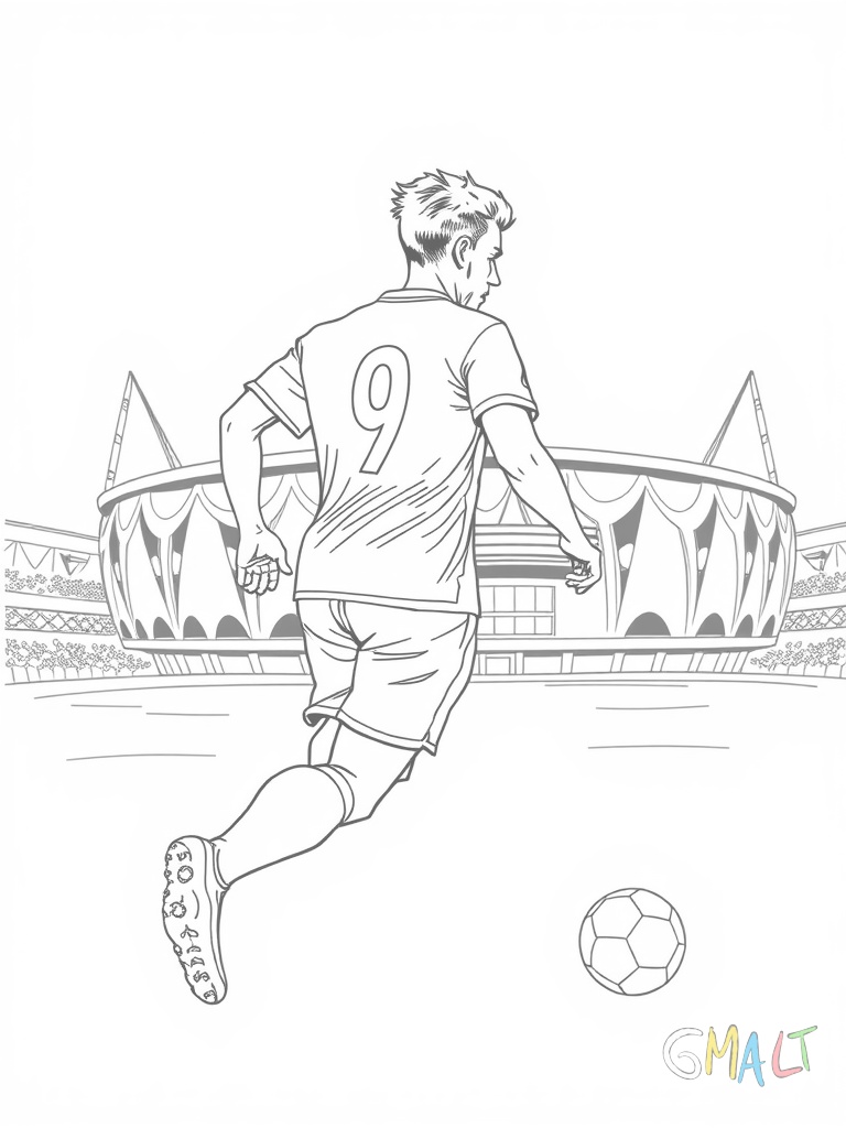 Ein Fußballspieler im England Trikot dribbelt einen Ball. Er trägt die Nummer 9 auf dem Rücken. Das Wembley Stadion ist als einfache Silhouette im Hintergrund erkennbar.